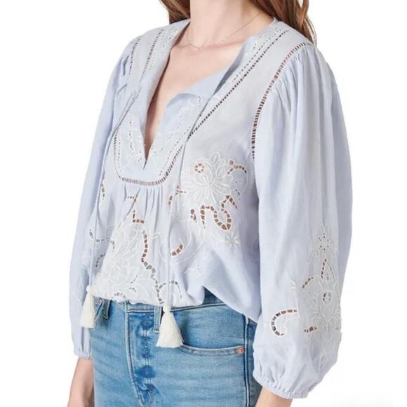 NWT LUCKY BRAND Embroidered Cotton Peasant Blouse Chambray Blue Women's Size XS - Picture 1 of 6